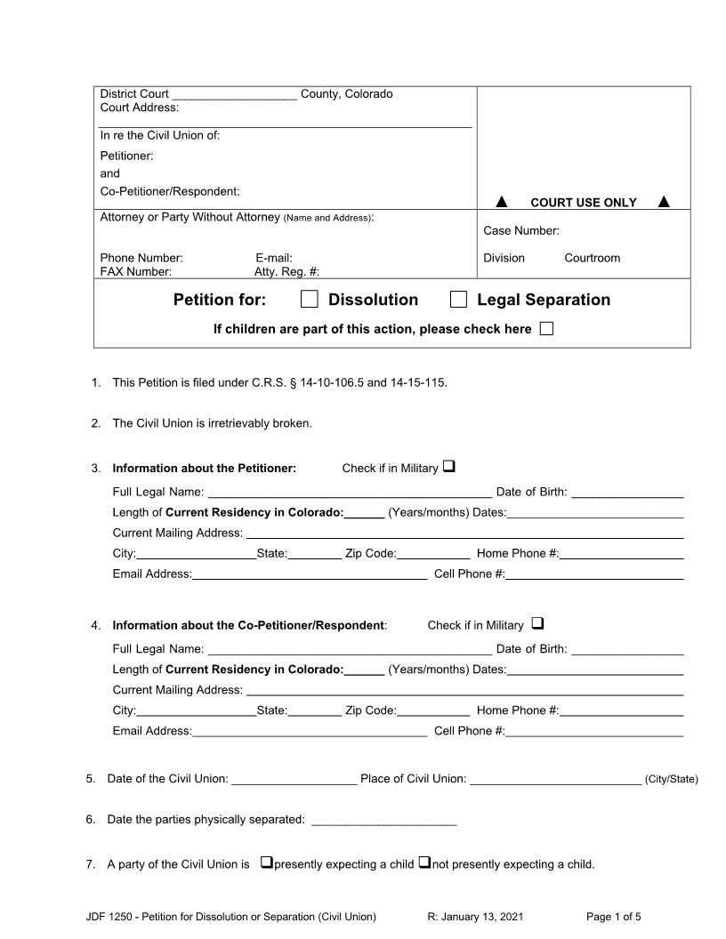 Petition To Dissolve Civil Union {JDF 1250} | Pdf Fpdf Docx | Colorado