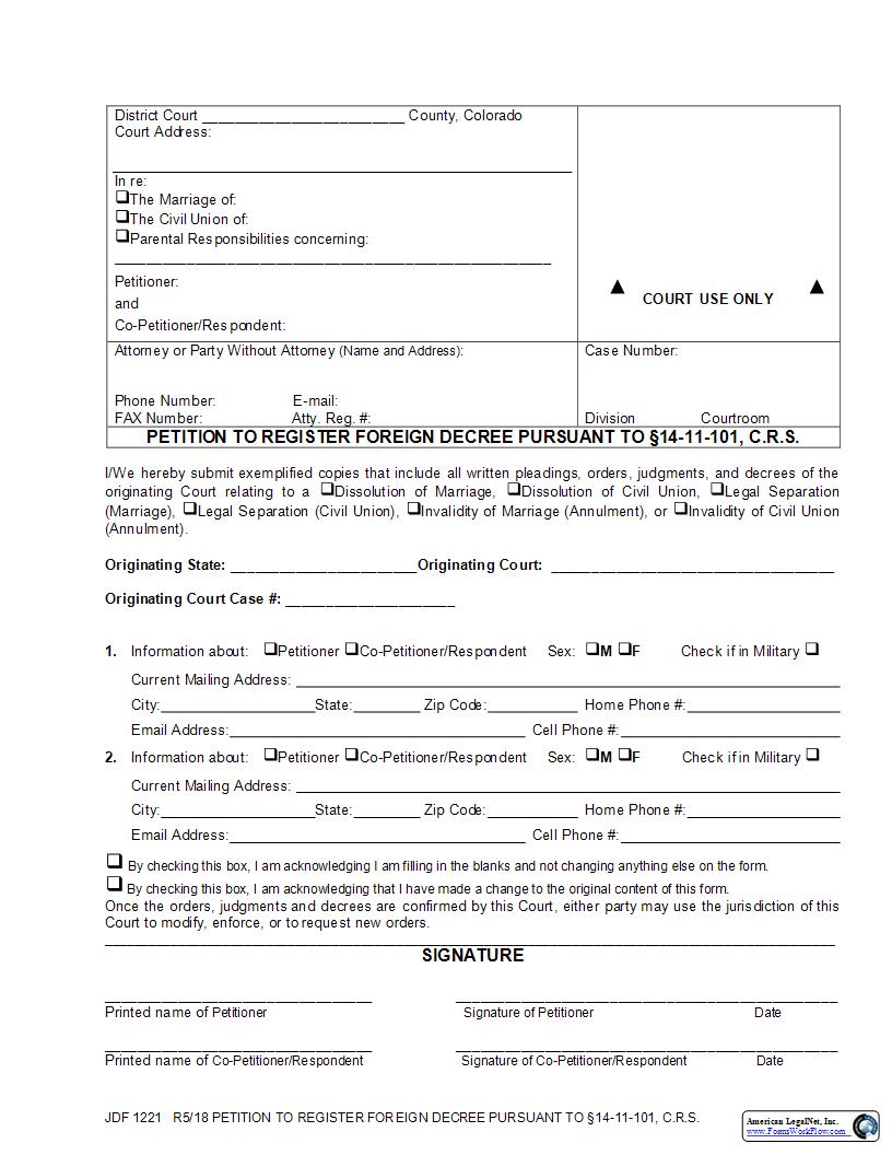 Petition To Register Foreign Decree {JDF 1221} | Pdf Fpdf Docx | Colorado