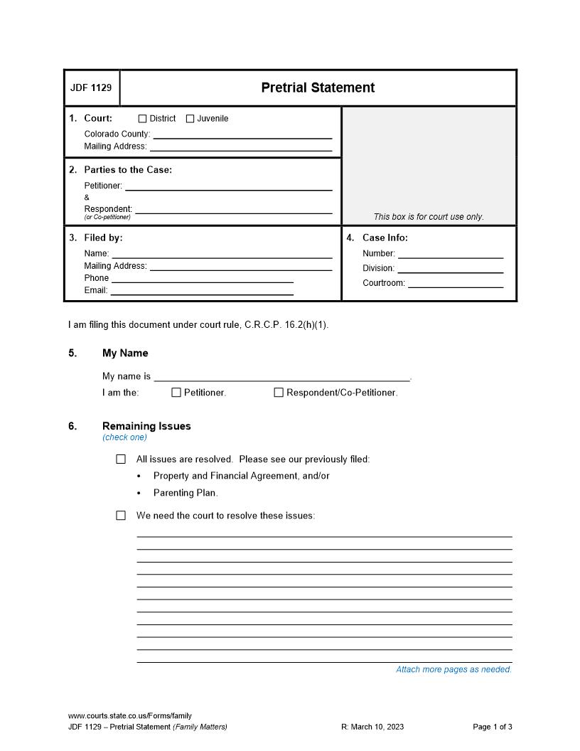 Pretrial Statement {JDF 1129} | Pdf Fpdf Doc Docx | Colorado
