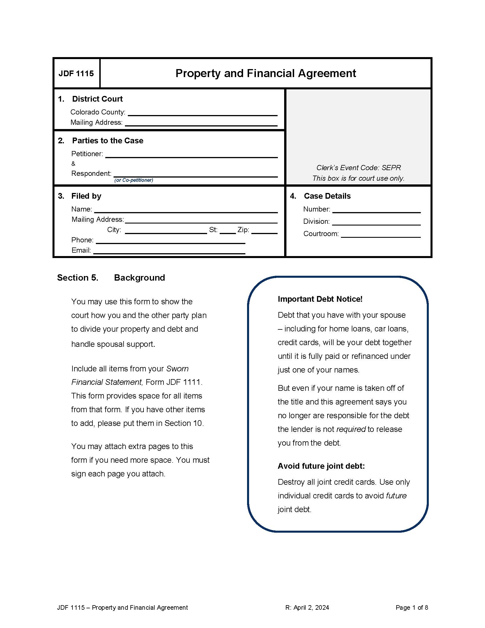 Property And Financial Agreement - Separation Agreement {JDF 1115} | Pdf Fpdf Docx | Colorado