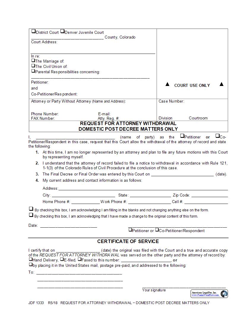 Request For Attorney Withdrawal {JDF 1333} | Pdf Fpdf Docx | Colorado