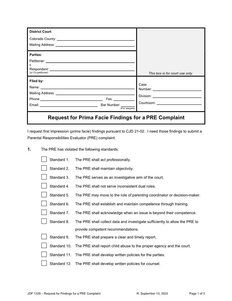 Request For Findings For PRE Complaint {JDF1339} | Pdf Fpdf Docx | Colorado
