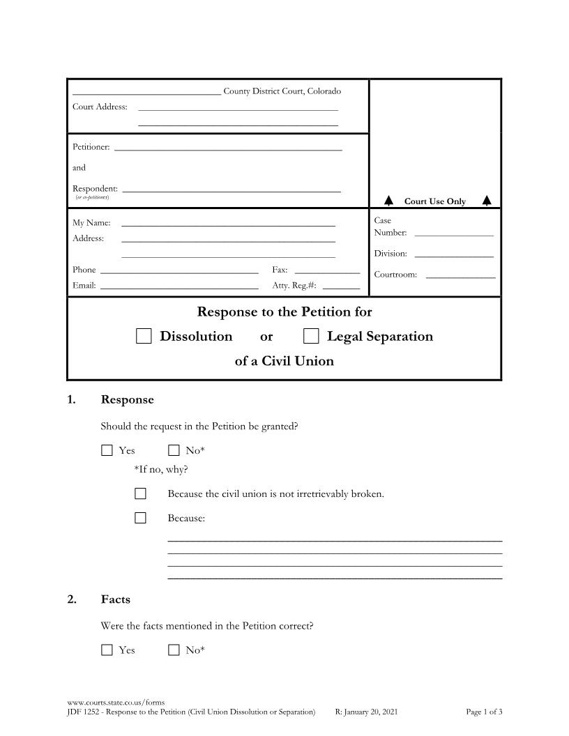 Response To Petition For Dissolution Or Legal Separation Of Civil Union {JDF 1252} | Pdf Fpdf Docx | Colorado