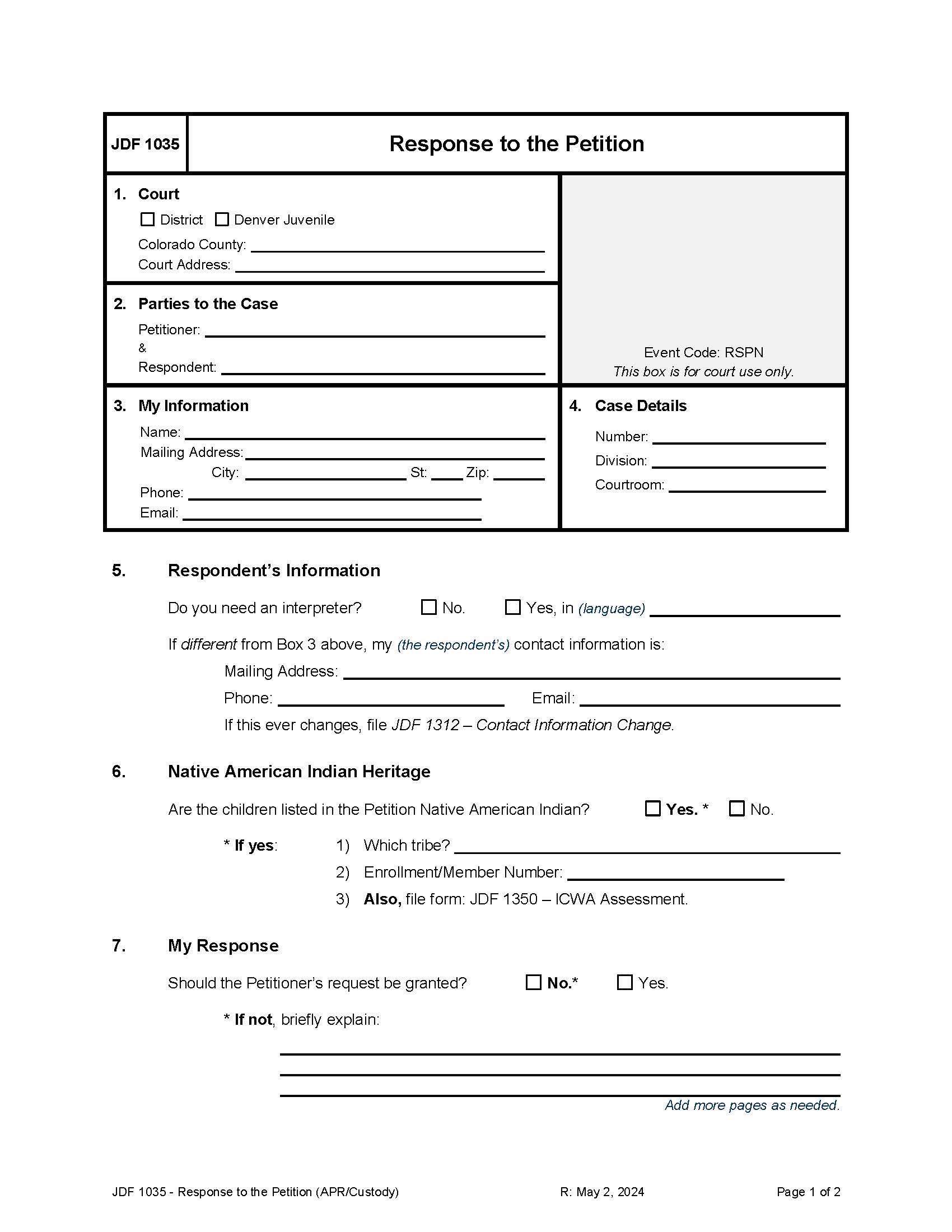 Response To The Petition {JDF 1035} | Pdf Fpdf Docx | Colorado