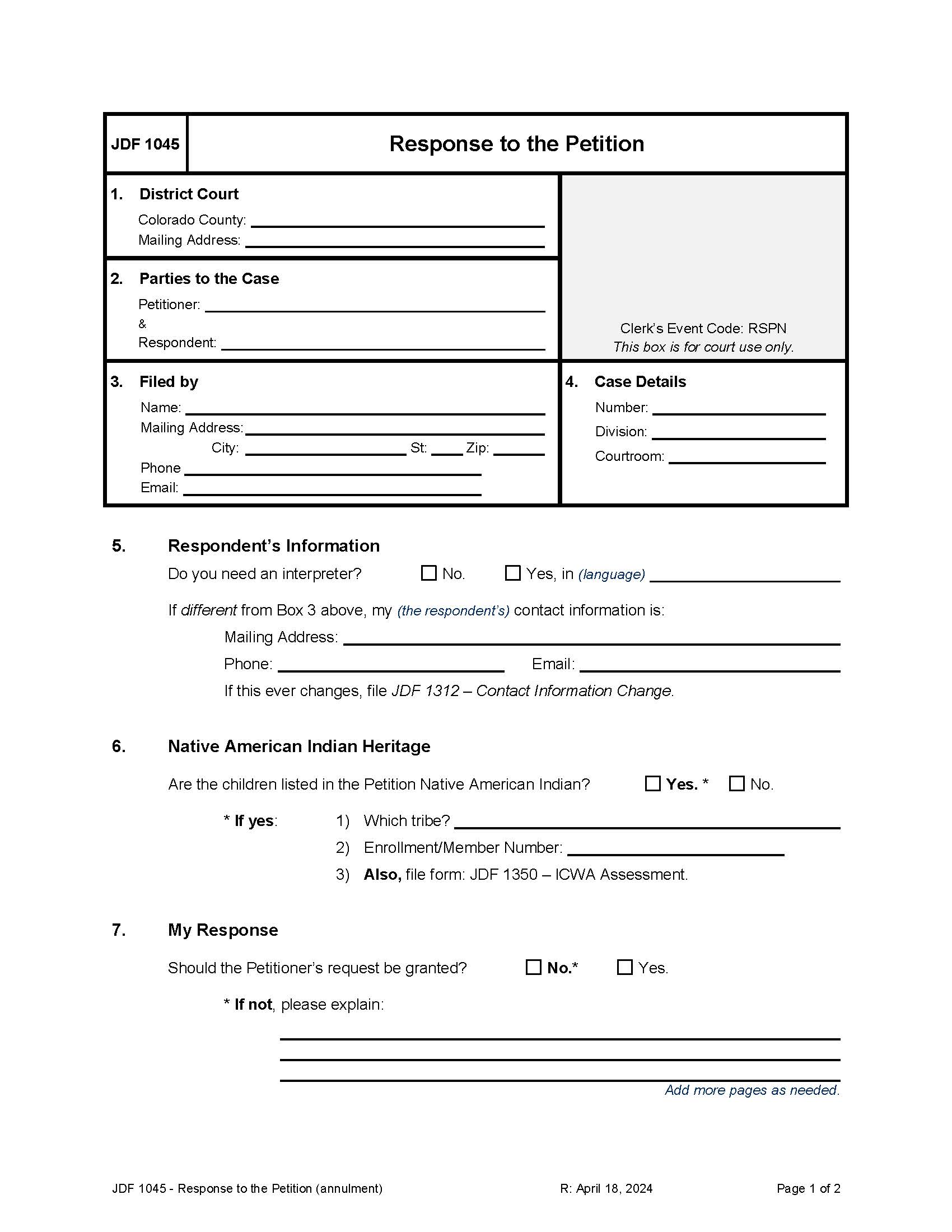 Response To The Petition (Annulment) {JDF 1045} | Pdf Fpdf Docx | Colorado
