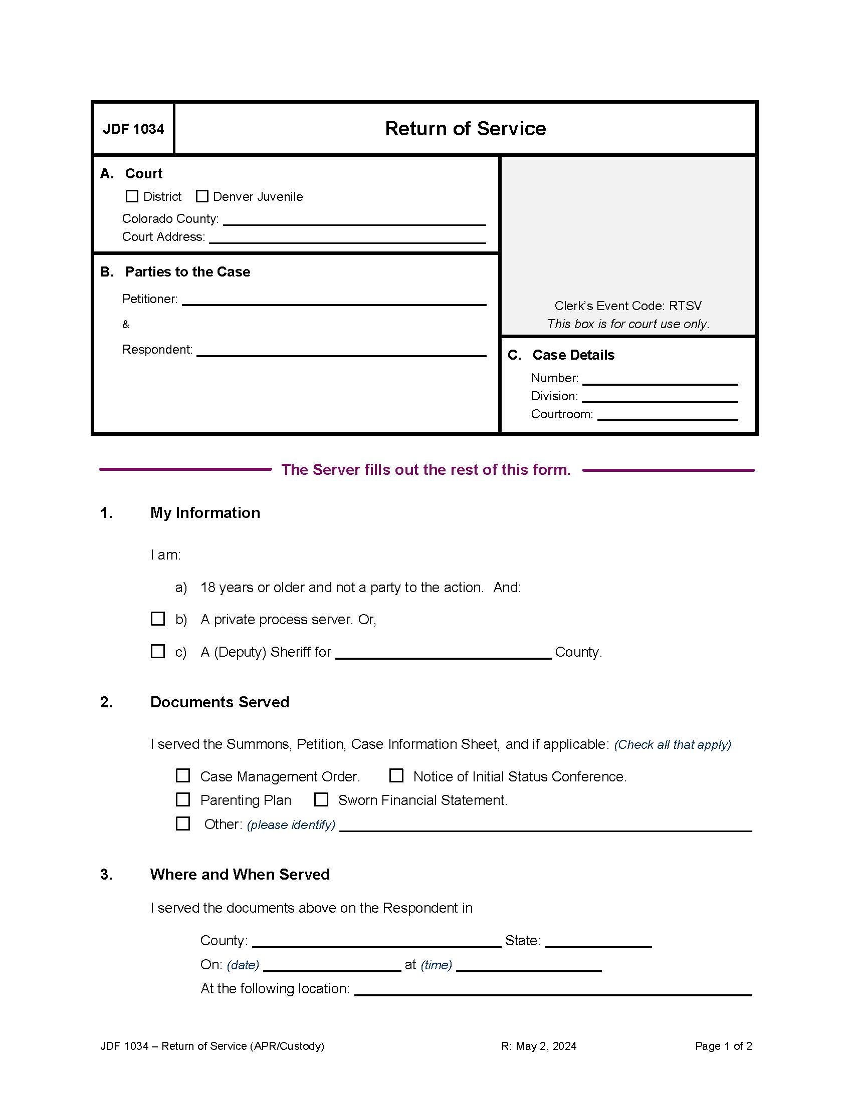 Return Of Service {JDF 1034} | Pdf Fpdf Docx | Colorado