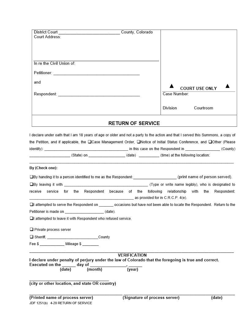 Return Of Service {JDF 1251(b)} | Pdf Fpdf Docx | Colorado