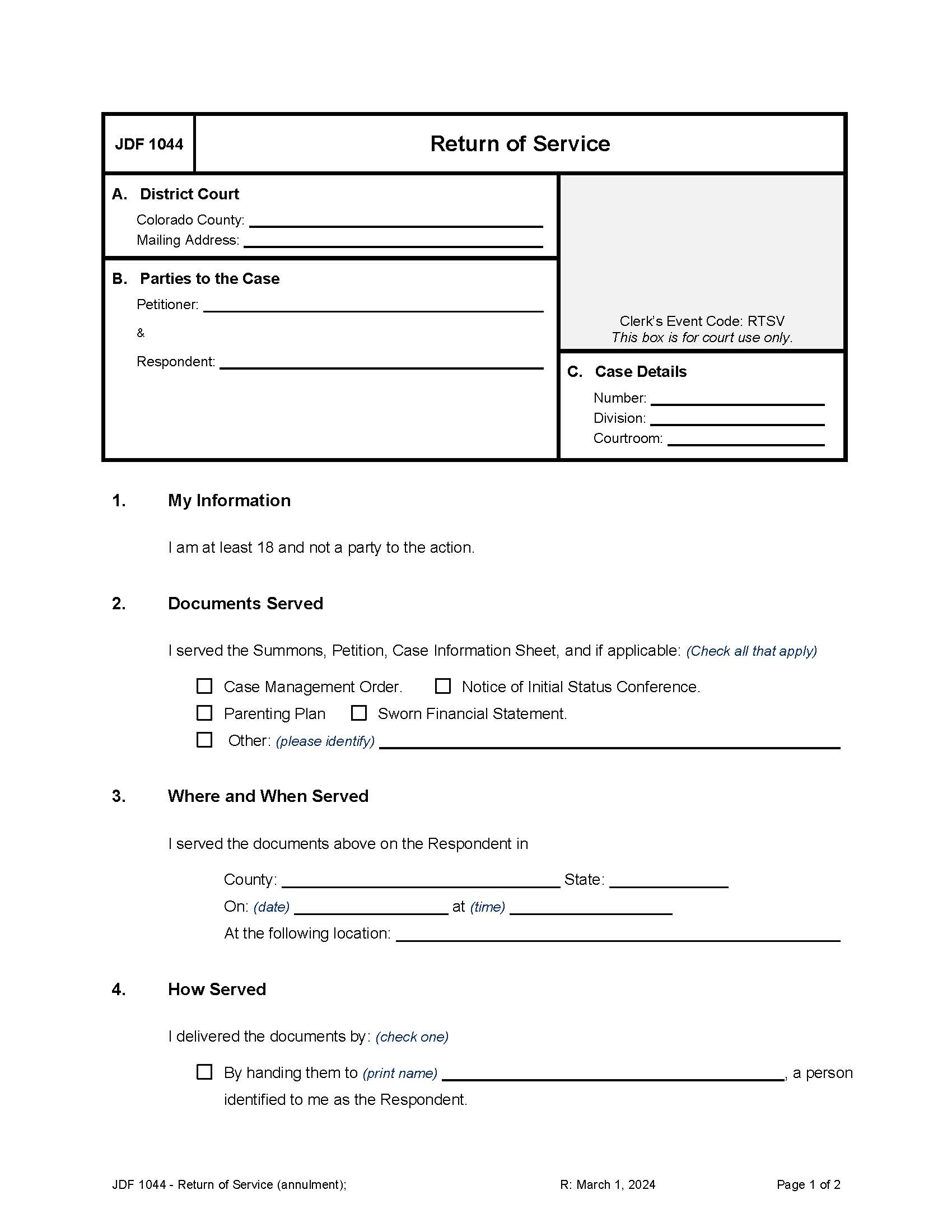 Return Of Service (Annulment) {JDF 1044} | Pdf Fpdf Docx | Colorado