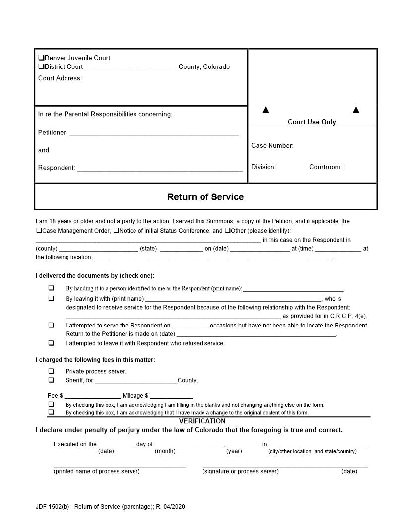 Return Of Service (Paternity) {JDF 1502(b)} | Pdf Fpdf Docx | Colorado