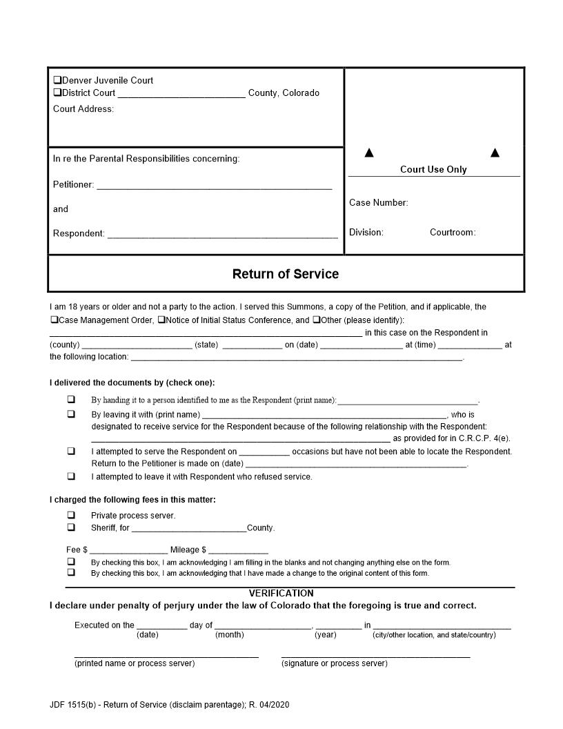 Return Of Service (To Disclaim Paternity) {JDF 1515(b)} | Pdf Fpdf Docx | Colorado