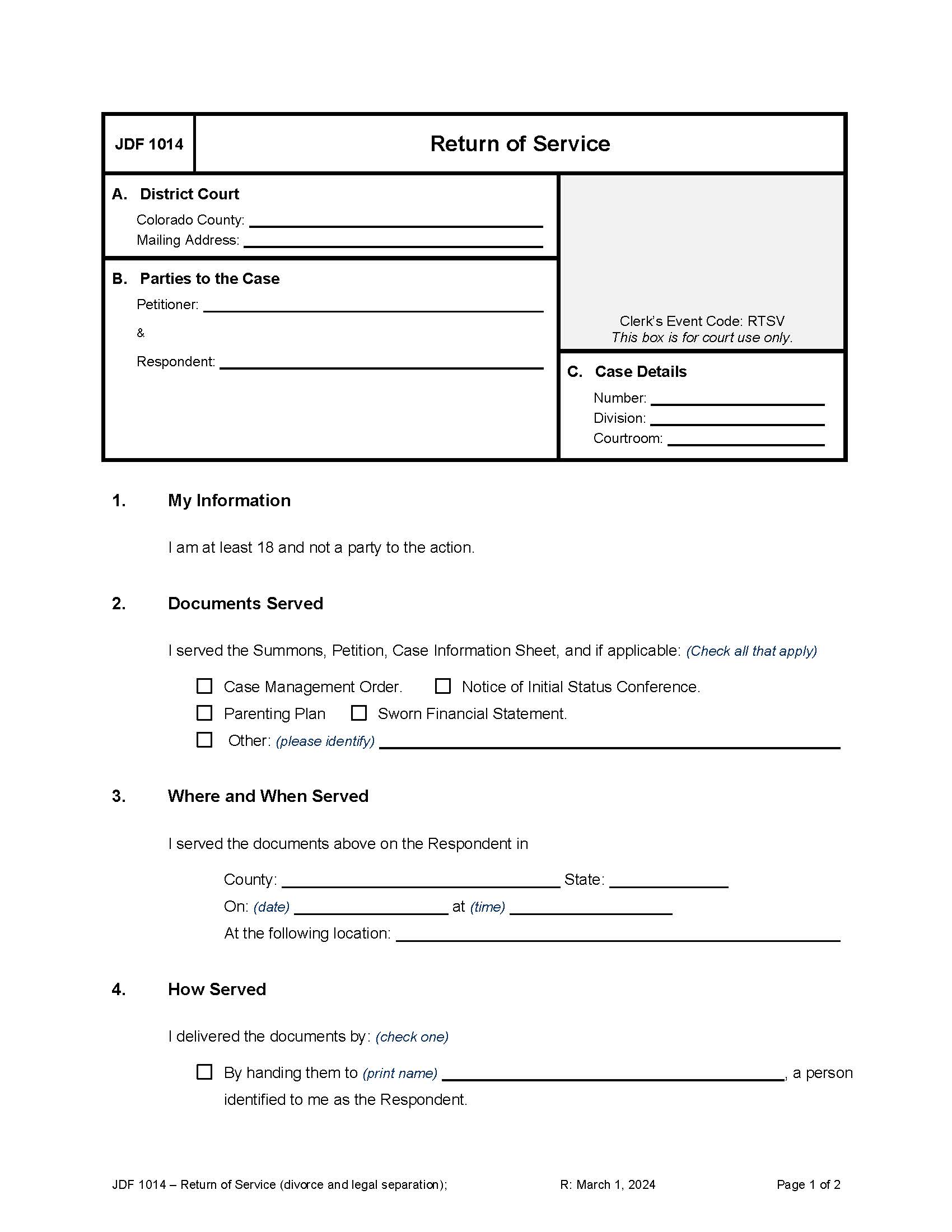 Return Of Service Divorce {JDF 1014} | Pdf Fpdf Docx | Colorado