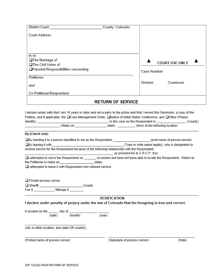 Return of Service (Foreign Decree) {JDF 1222(b)} | Pdf Fpdf Docx | Colorado