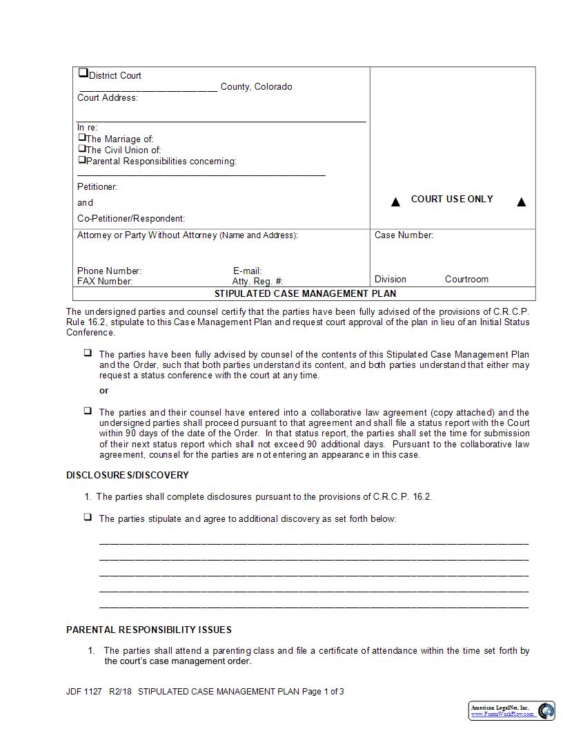 Stipulated Case Management Plan {JDF 1127} | Pdf Fpdf Docx | Colorado