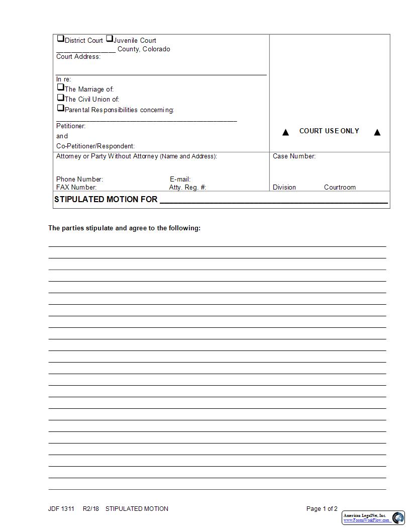 Stipulated Motion {JDF 1311} | Pdf Fpdf Docx | Colorado