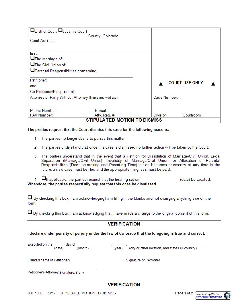 Stipulated Motion To Dismiss {JDF 1305} | Pdf Fpdf Docx | Colorado