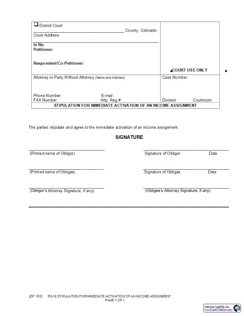Stipulation For Immediate Activation Of An Income Assignment {JDF 1812} | Pdf Fpdf Docx | Colorado