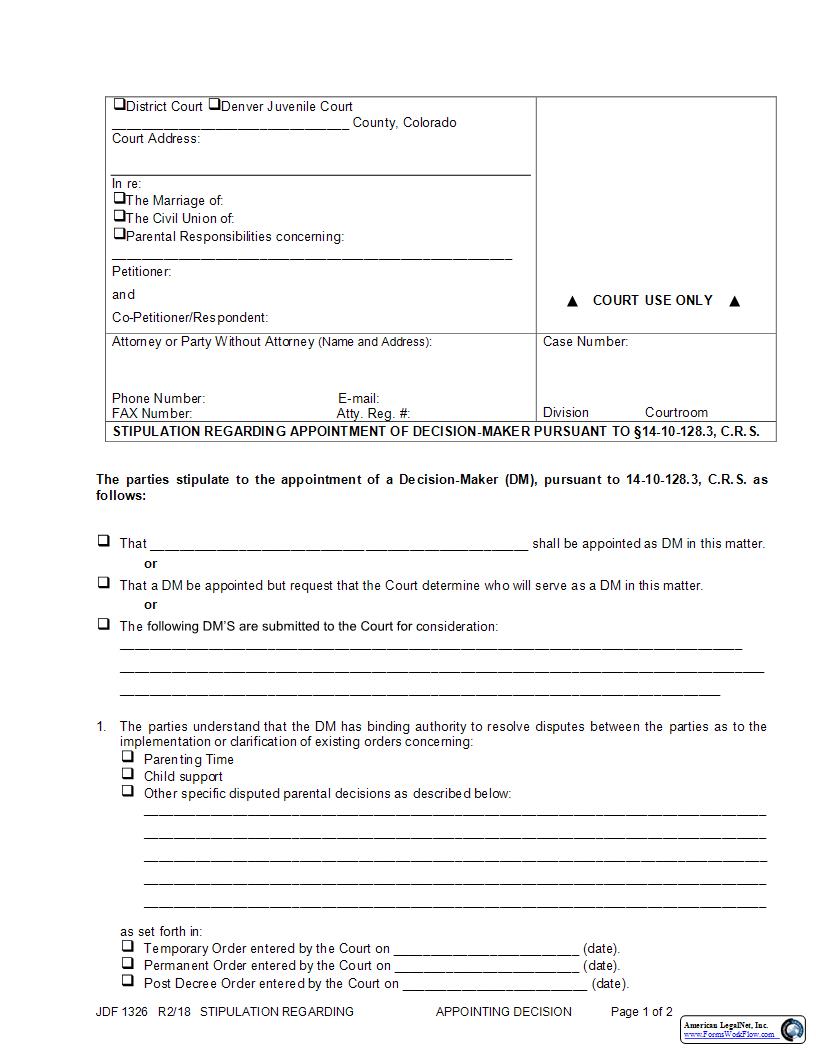Stipulation Regarding Appointing Decision Maker {JDF 1326} | Pdf Fpdf Docx | Colorado