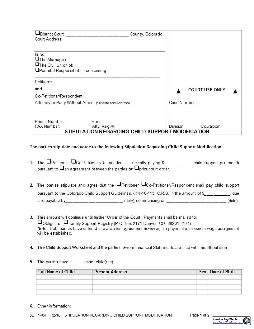 Stipulation Regarding Child Support Modification {JDF 1404} | Pdf Fpdf Docx | Colorado