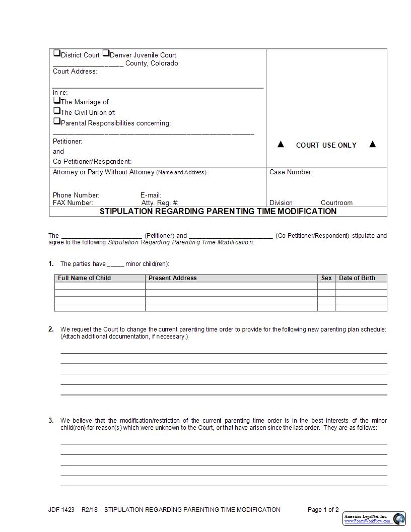 Stipulation Regarding Parenting Time Modification {JDF 1423} | Pdf Fpdf Docx | Colorado