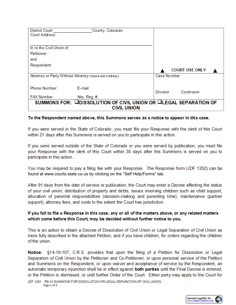 Summons For Dissolution Of Civil Union Or Legal Separation {JDF 1251} | Pdf Fpdf Docx | Colorado
