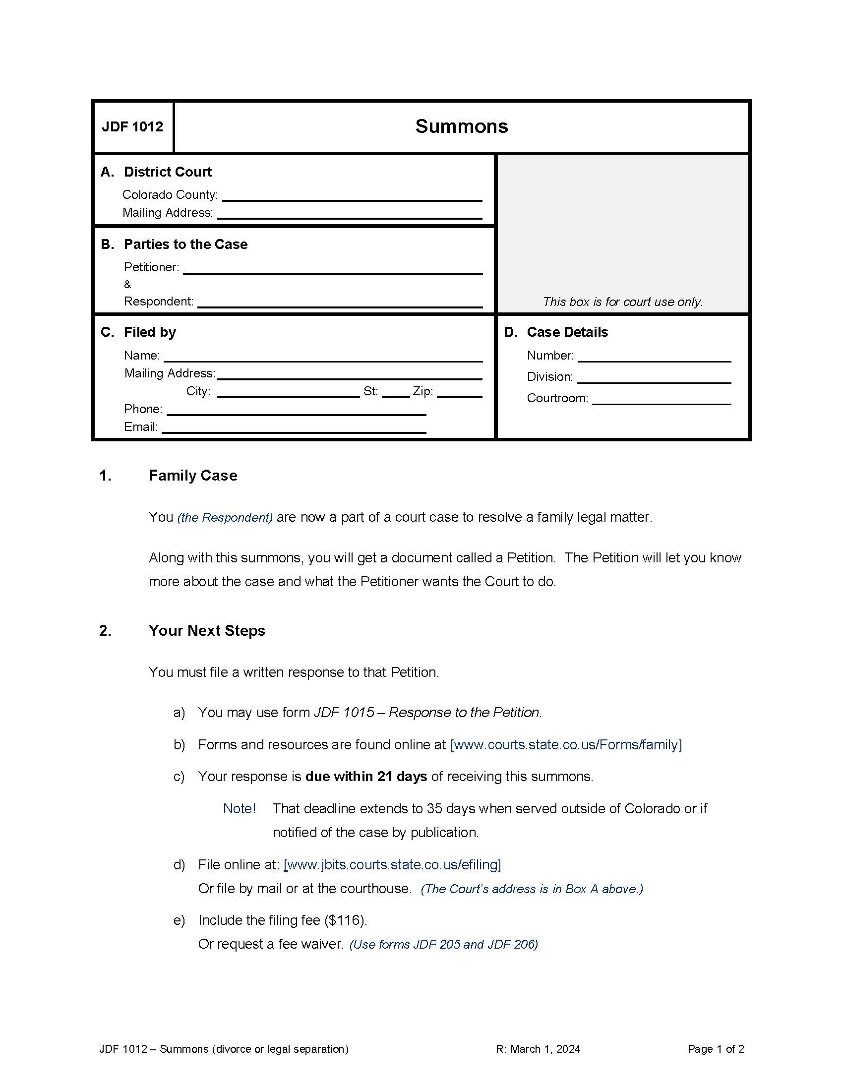 Summons For Divorce Or Legal Separation {JDF 1012} | Pdf Fpdf Docx | Colorado