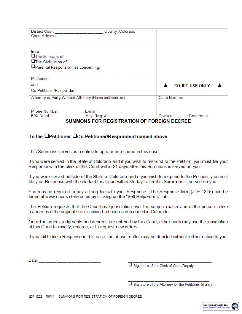Summons For Registration Of Foreign Decree {JDF 1222} | Pdf Fpdf Docx | Colorado