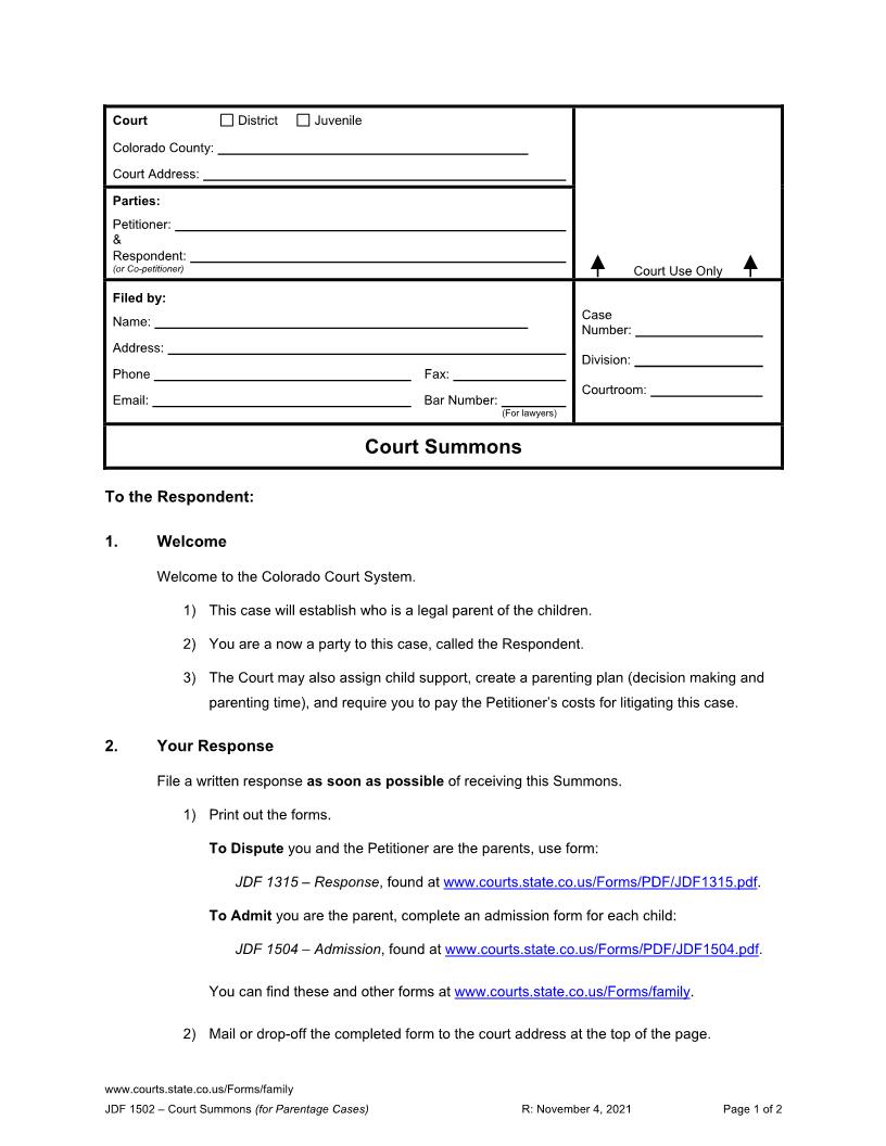 Summons In Paternity {JDF 1502} | Pdf Fpdf Docx | Colorado