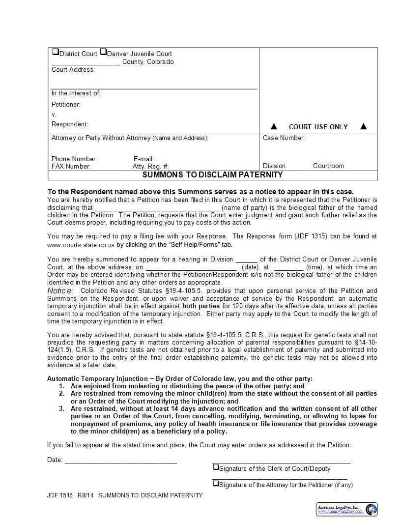 Summons To Disclaim Paternity {JDF 1515} | Pdf Fpdf Docx | Colorado