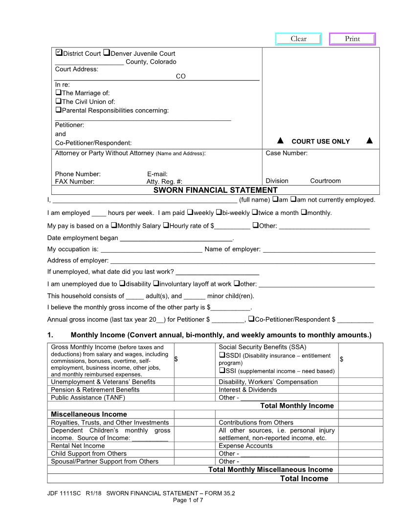 Sworn Financial Statement {JDF 1111SC} | Pdf Fpdf Docx | Colorado