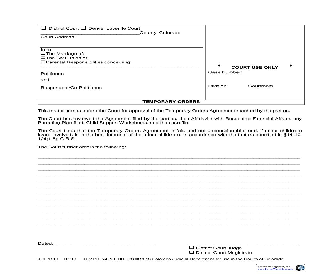 Temporary Orders {JDF 1110} | Pdf Fpdf Doc Docx | Colorado