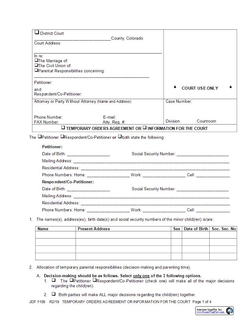 Temporary Orders Agreement {JDF 1109} | Pdf Fpdf Docx | Colorado