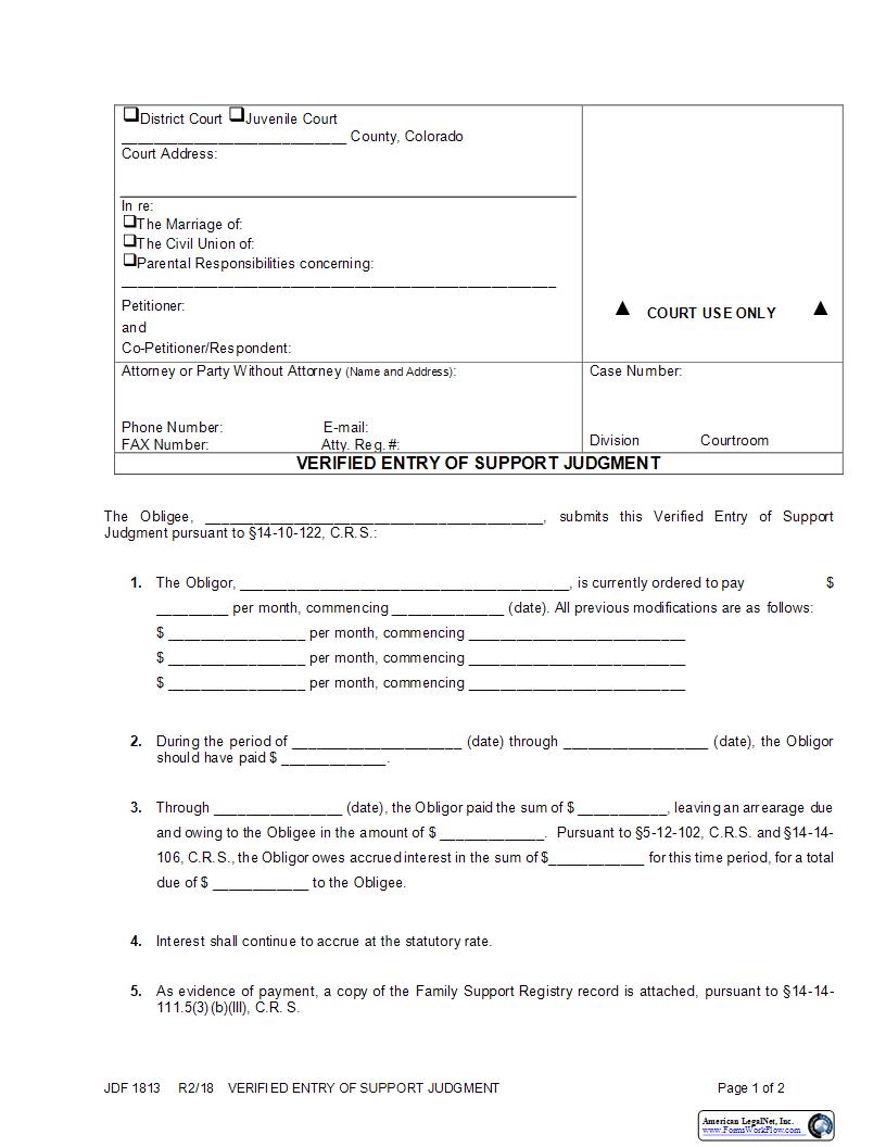 Verified Entry Of Support Judgment {JDF 1813} | Pdf Fpdf Docx | Colorado