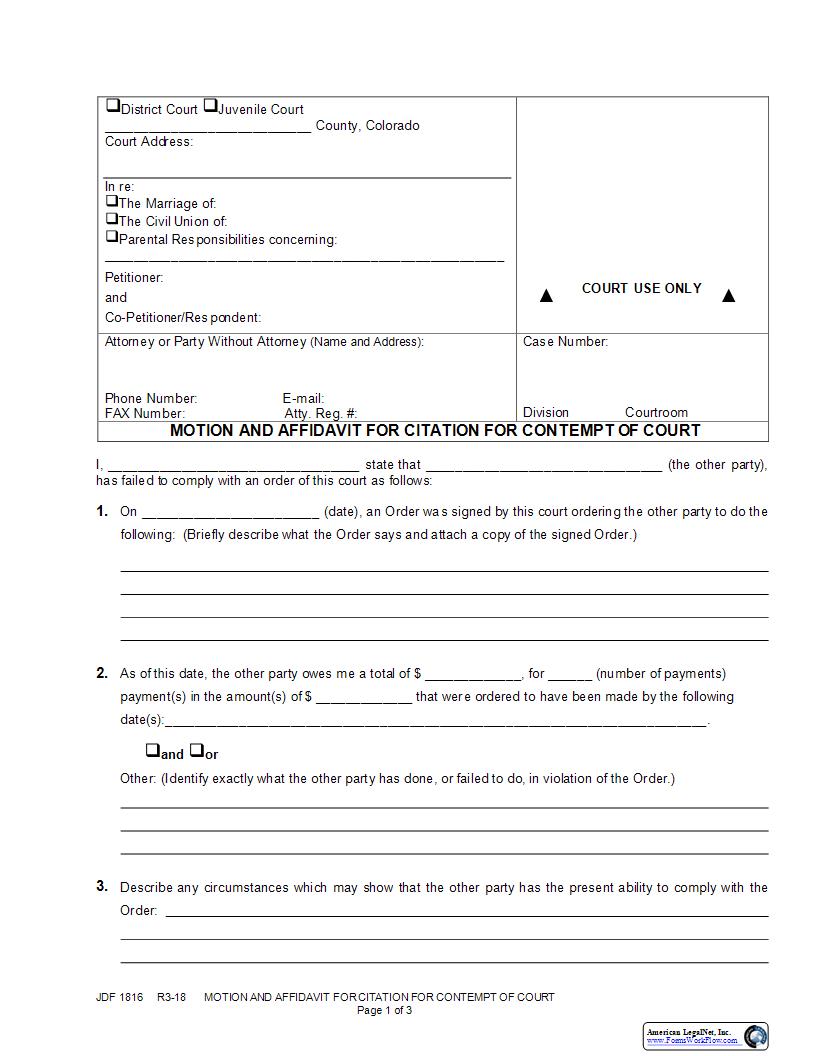Verified Motion And Affidavit For Citation For Contempt Of Court {JDF 1816} | Pdf Fpdf Docx | Colorado