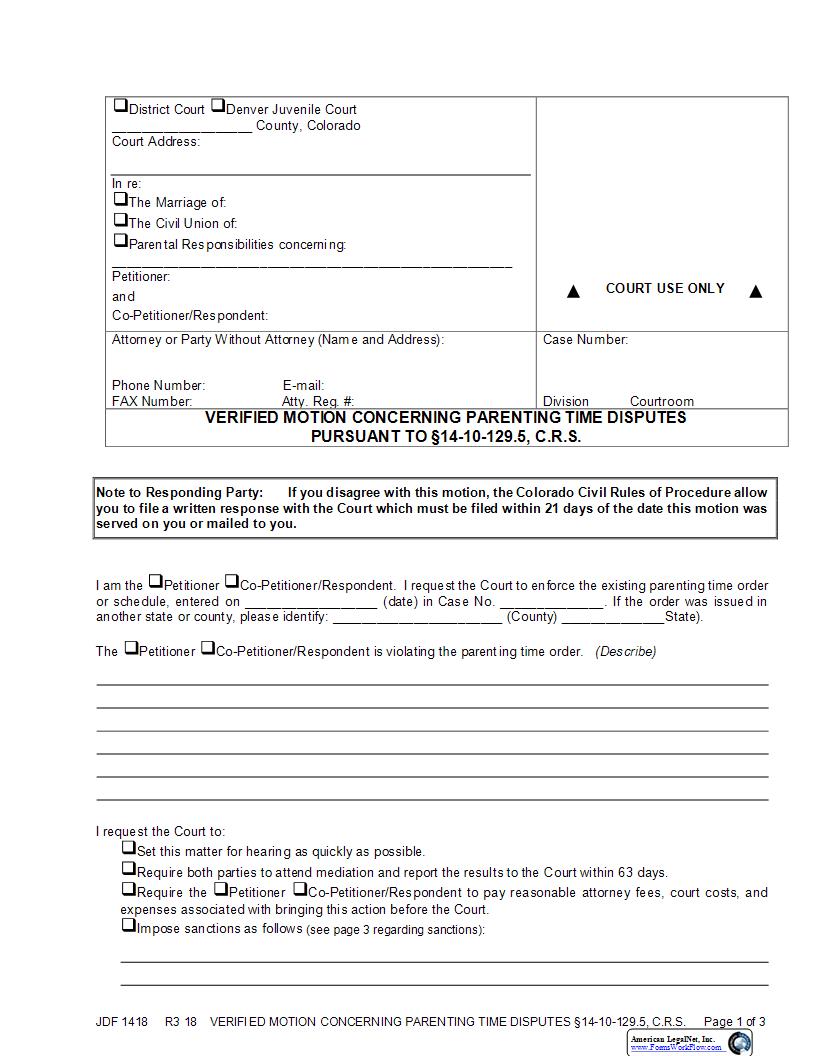 Verified Motion Concerning Parenting Time Disputes {JDF 1418} | Pdf Fpdf Docx | Colorado
