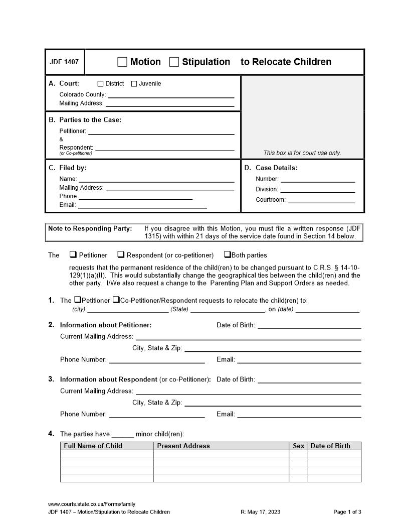 Verified Motion Or Stipulation To Relocate Minor Child(ren) {JDF 1407} | Pdf Fpdf Docx | Colorado