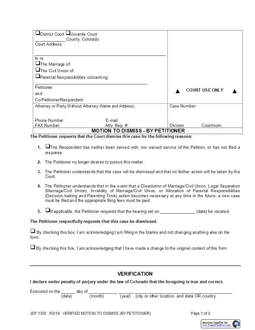 Verified Motion To Dismiss By Petitioner {JDF 1303} | Pdf Fpdf Docx | Colorado