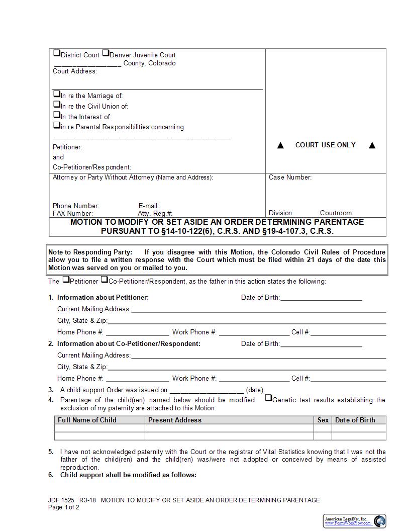 Verified Motion To Modify Or Set Aside Order Determining Parentage {JDF 1525} | Pdf Fpdf Docx | Colorado