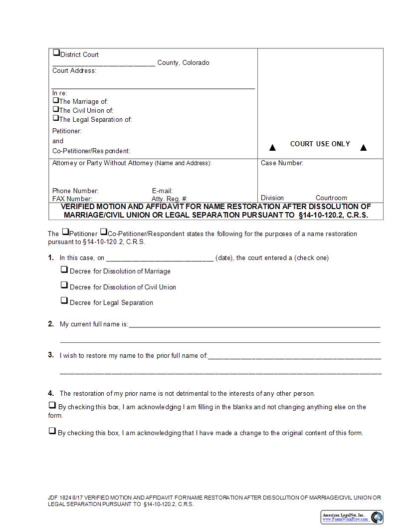 Verified Motion and Affidavit for Name Restoration {JDF 1824} | Pdf Fpdf Docx | Colorado
