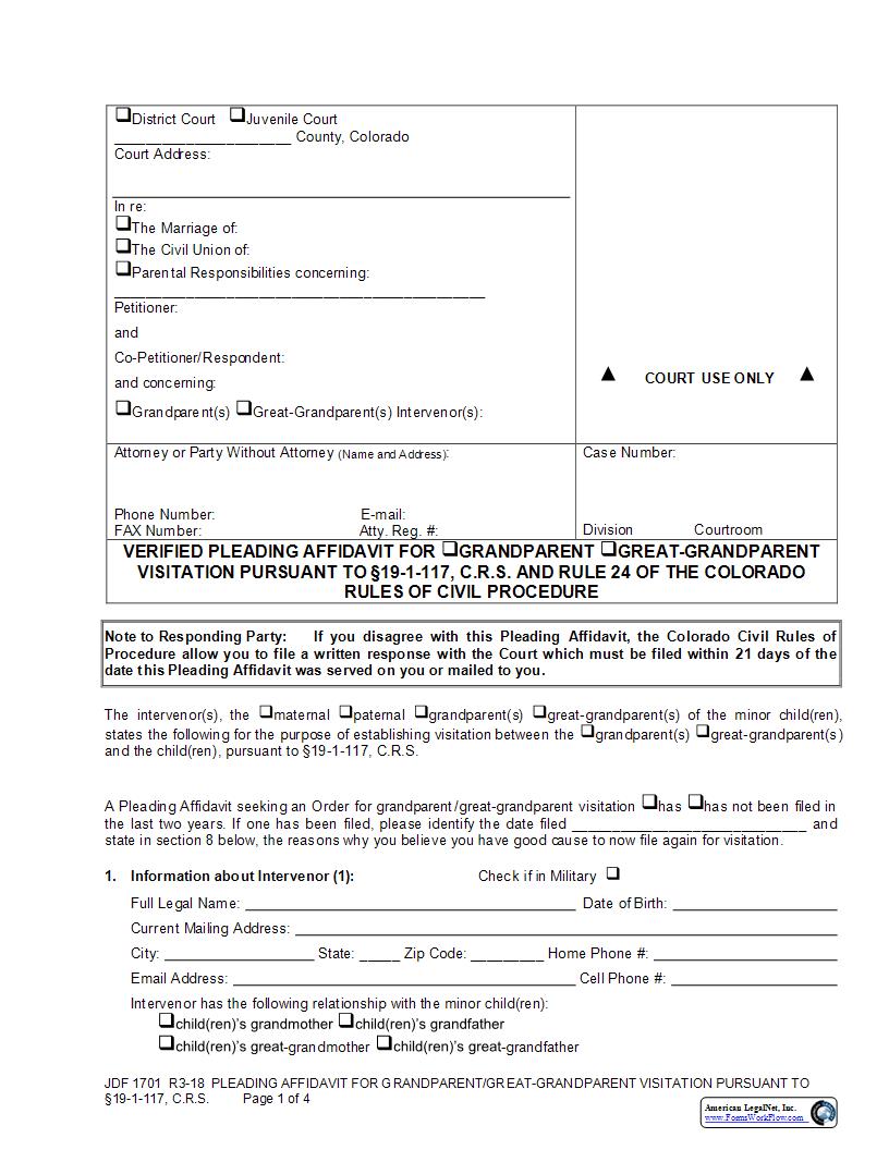 Verified Pleading Affidavit For Grandparent Visitation {JDF 1701}  | Pdf Fpdf Docx | Colorado