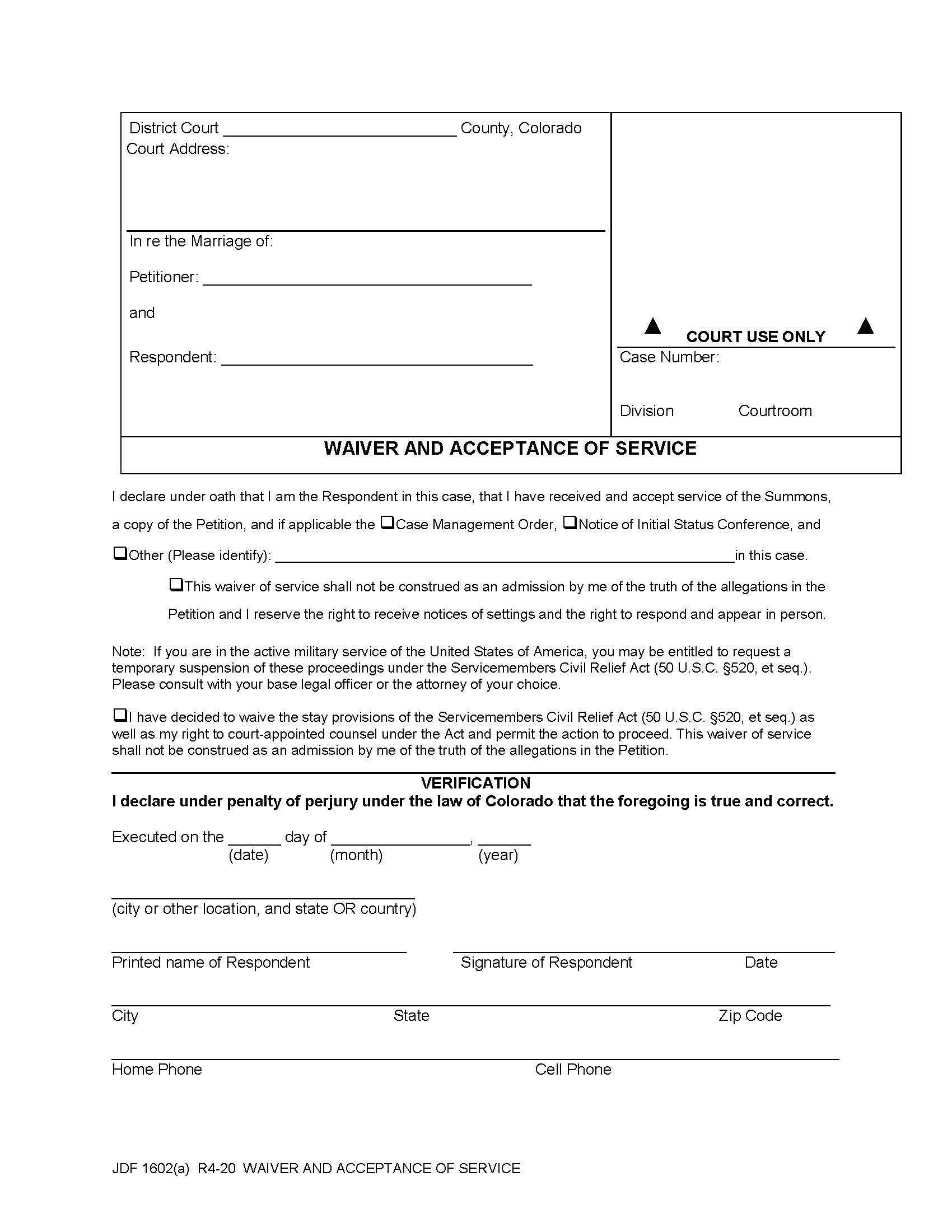 Waiver And Acceptance Of Service {JDF 1602(a)} | Pdf Fpdf Docx | Colorado