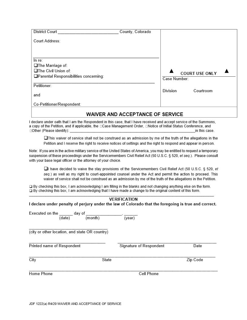 Waiver And Acceptance Of Service (Foreign Decree) {JDF 1222(a)} | Pdf Fpdf Docx | Colorado