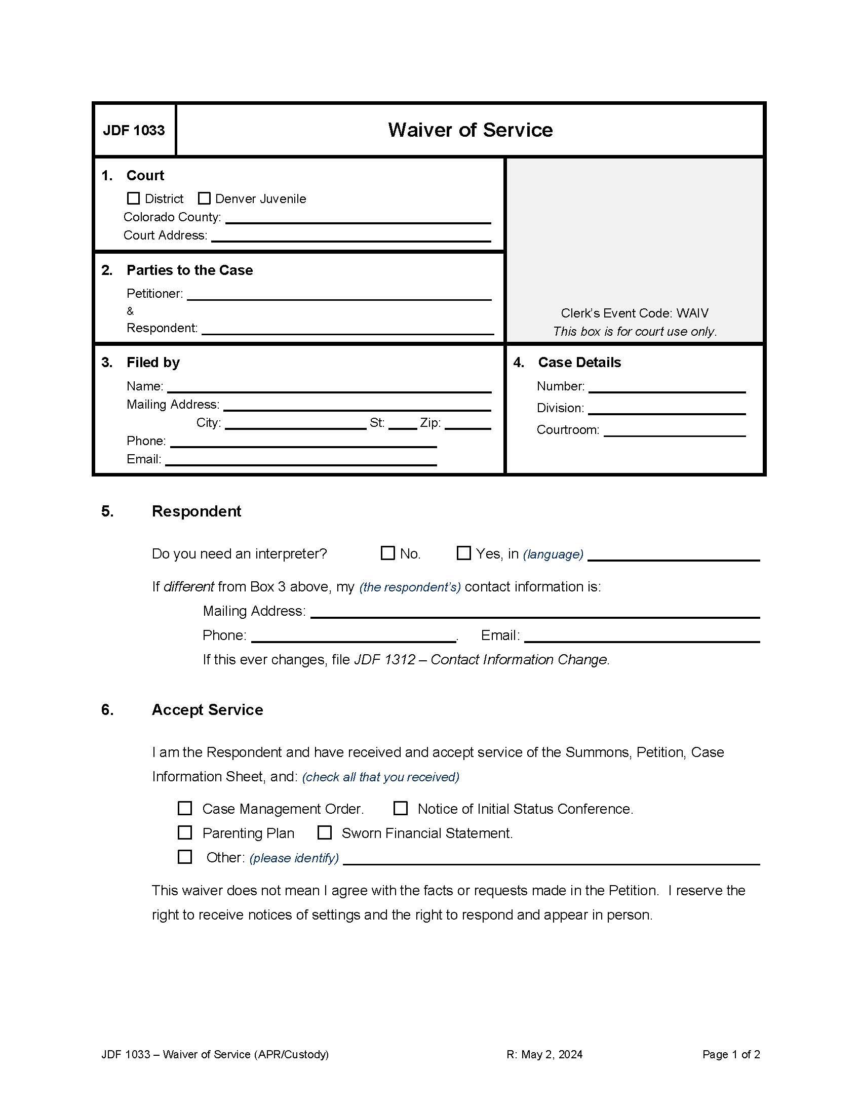 Waiver Of Service {JDF 1033} | Pdf Fpdf Docx | Colorado