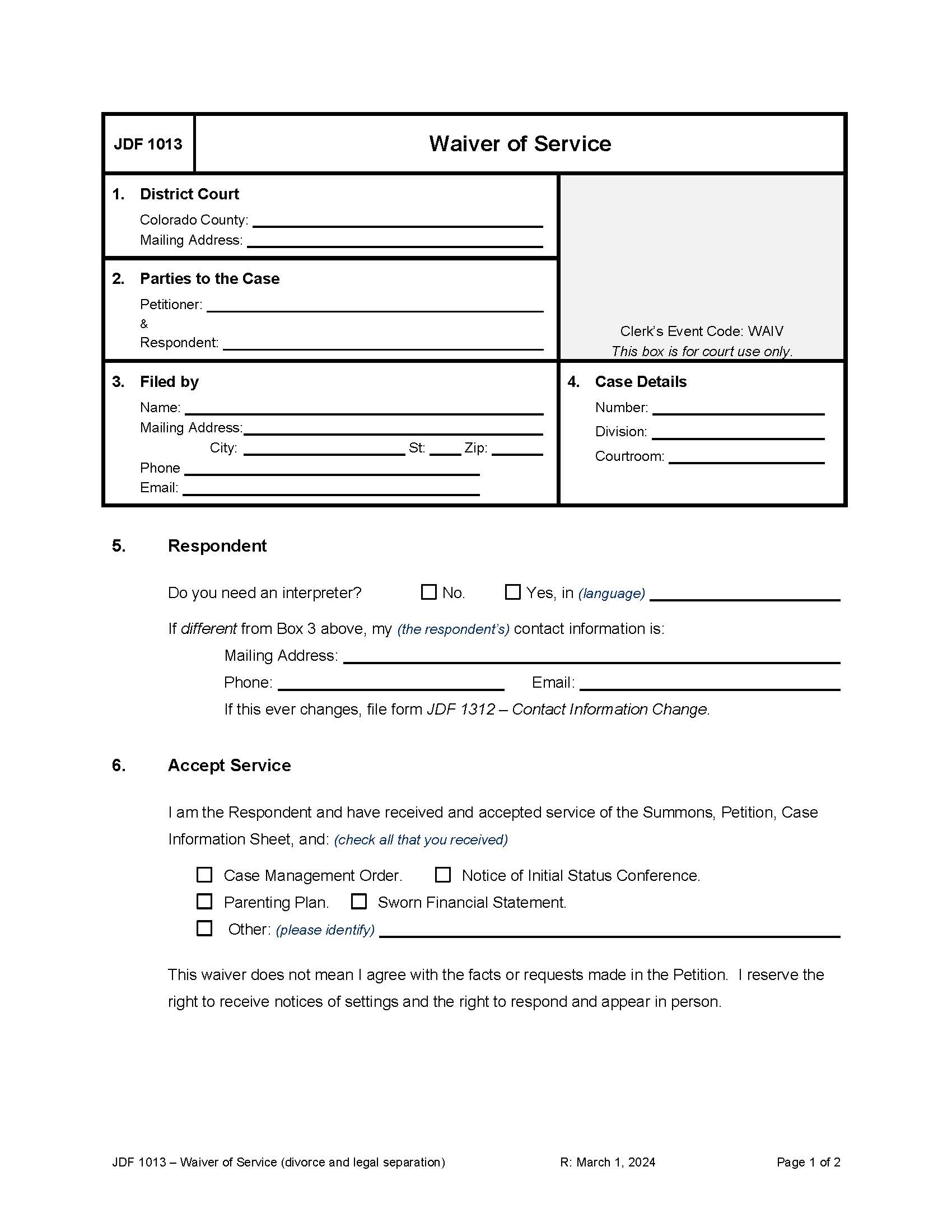 Waiver Of Service (Divorce) {JDF 1013} | Pdf Fpdf Docx | Colorado