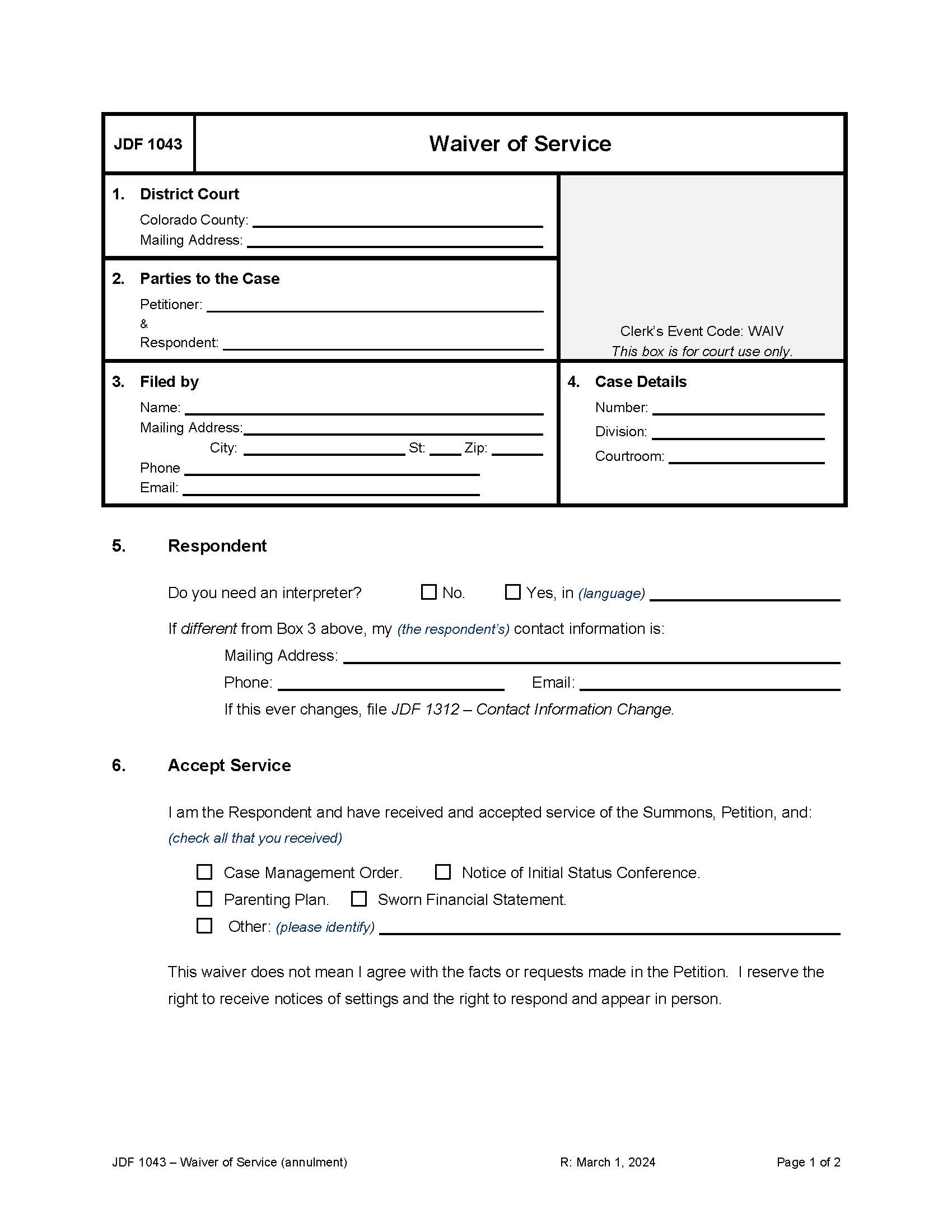 Waiver Of Service (Invalidity) {JDF 1043} | Pdf Fpdf Docx | Colorado