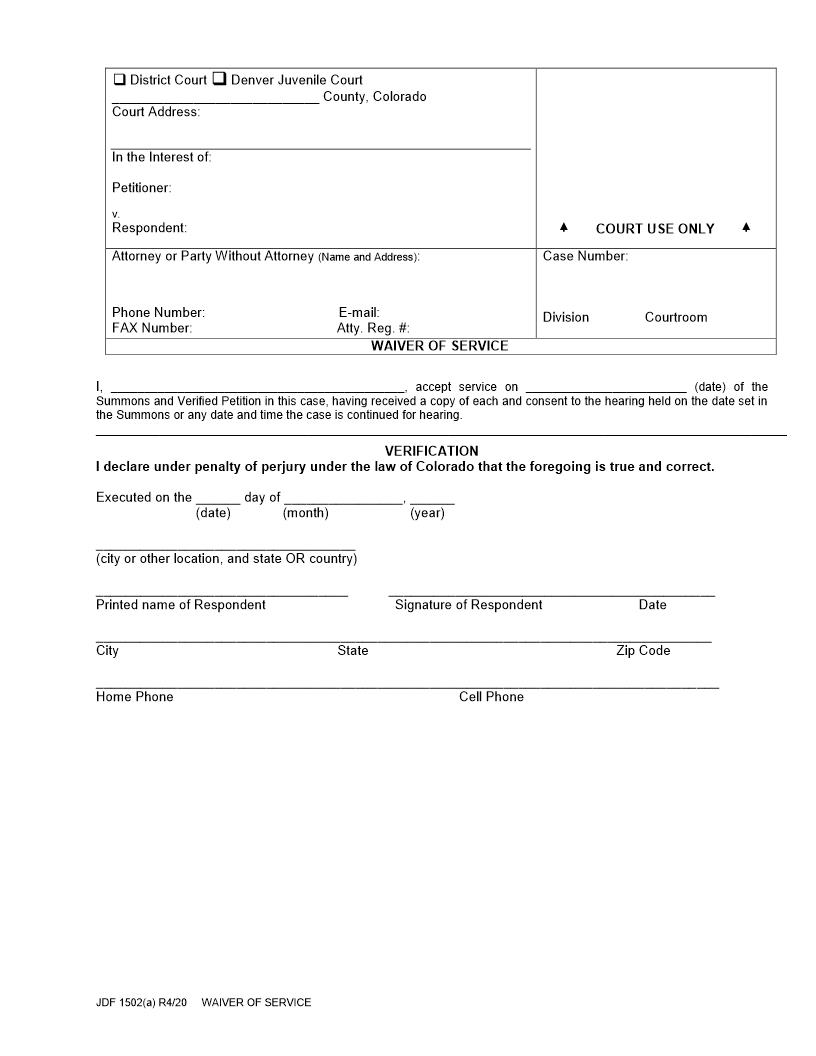 Waiver Of Service (Paternity) {JDF 1502(a)} | Pdf Fpdf Docx | Colorado