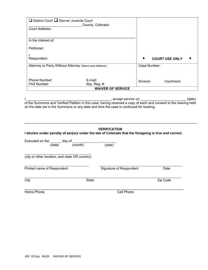 Waiver Of Service (To Disclaim Paternity) {JDF 1515(a)} | Pdf Fpdf Docx | Colorado