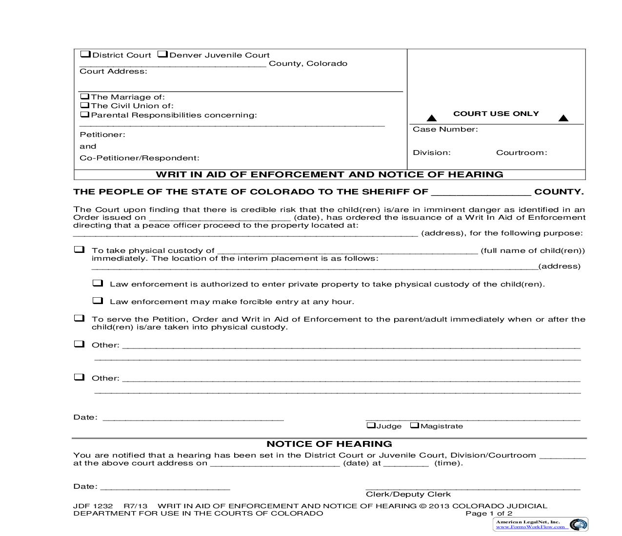 Writ In Aid Of Enforcement And Notice Of Hearing {JDF 1232} | Pdf Fpdf Doc Docx | Colorado