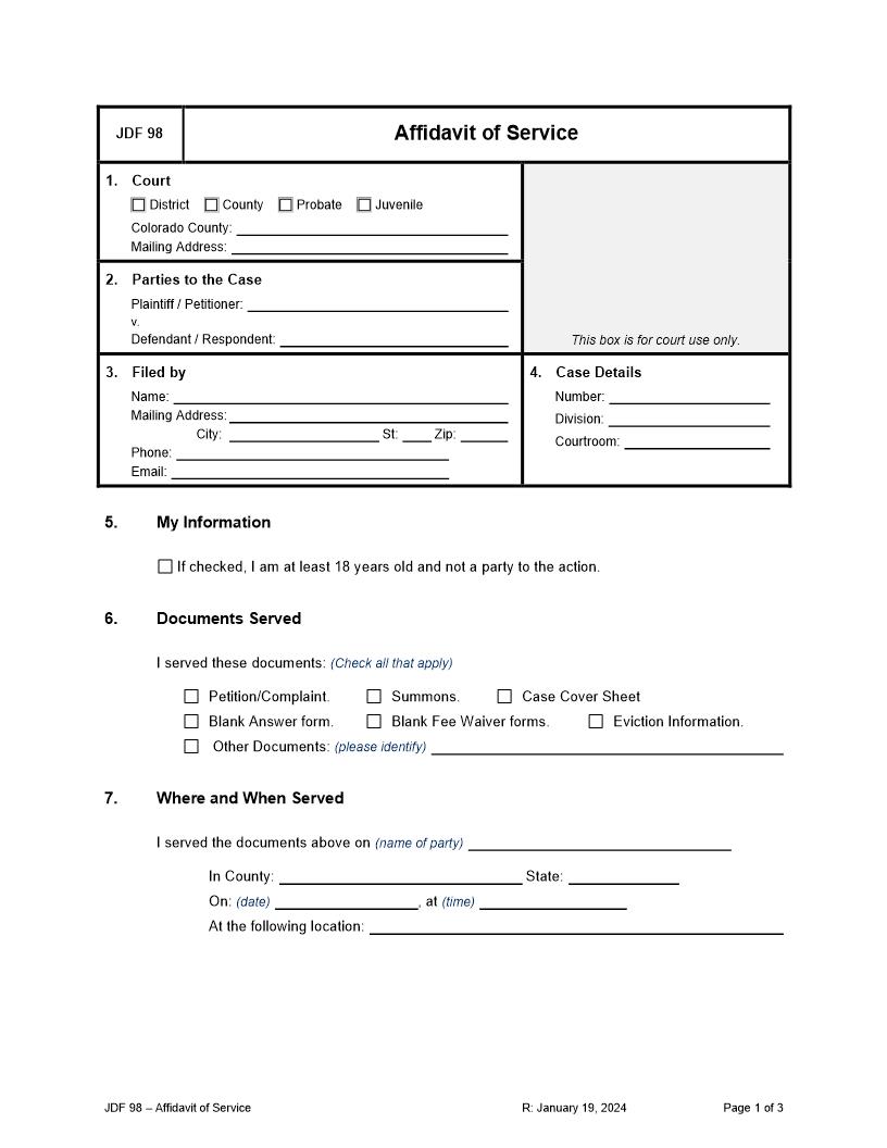 Affidavit Of Service {JDF 98} | Pdf Fpdf Docx | Colorado