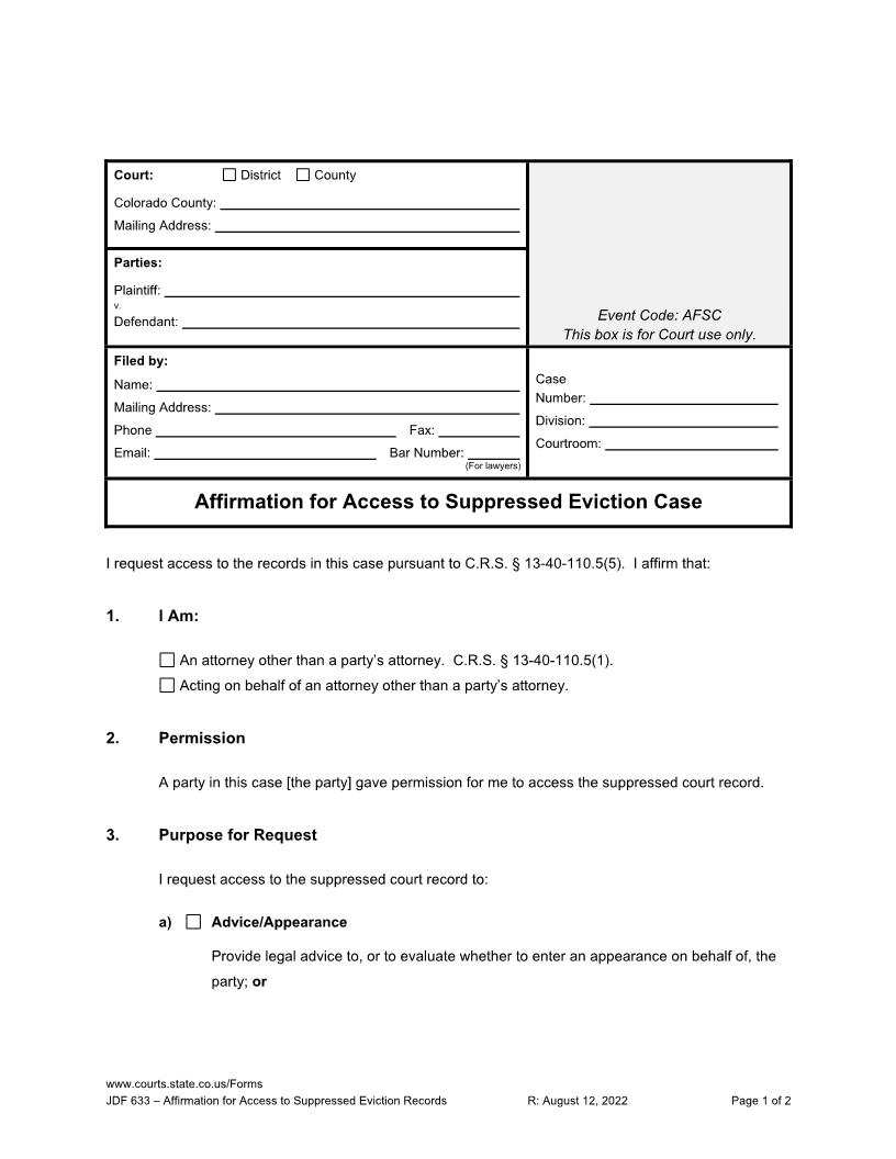 Affirmation For Access To Suppressed Eviction Records {JDF 633} | Pdf Fpdf Docx | Colorado