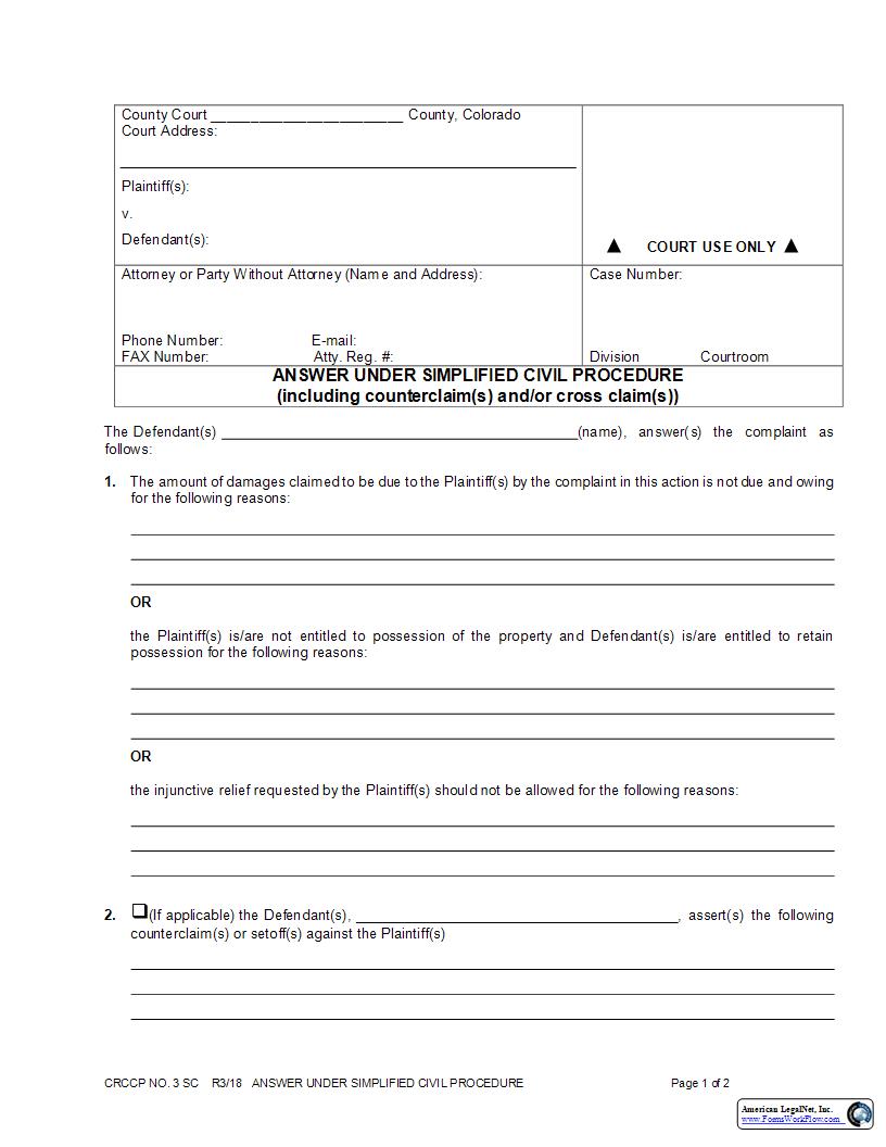 Answer Under Simplified Civil Procedure {CRCCP 3} | Pdf Fpdf Docx | Colorado